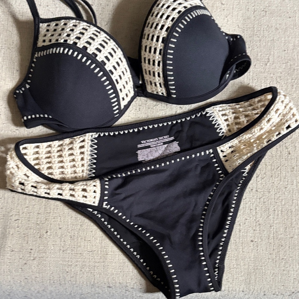 Victoria's Secret Black Bikini with Cream Crochet Accents